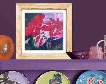 Ciclamen. Cuadro acrílico de flores rosas y rojas. Cuadro pequeño cuadrado original 25/25 cm. Por Emmanuelle Priss