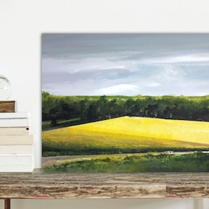 Original acrylic painting of a rapeseed field. Country landscape painting