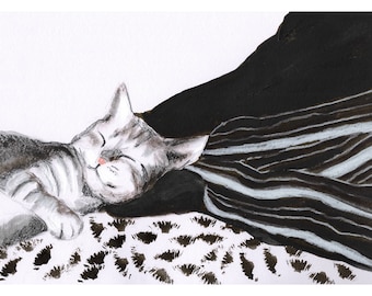 May include: A black and white striped fabric with a gray and white cat sleeping on top of it. The cat is curled up and has its eyes closed. The fabric is on a white background.