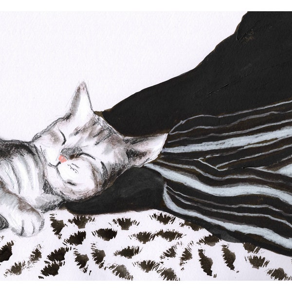 Chat endormis dessin sur papier. Dessin original et unique, noir et blanc, peint à la main par Emmanuelle Priss. Format A4