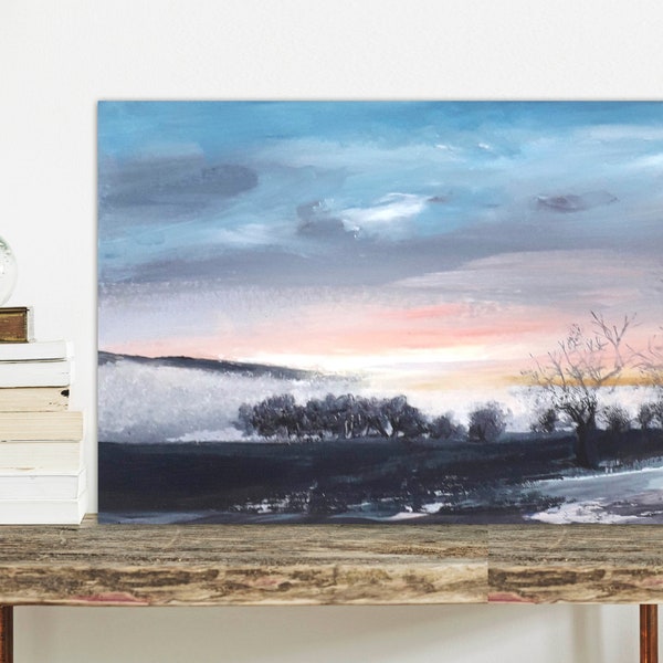Peinture d'un paysage de campagne l'hiver. Peinture originale, à l'acrylique par Emmanuelle Priss