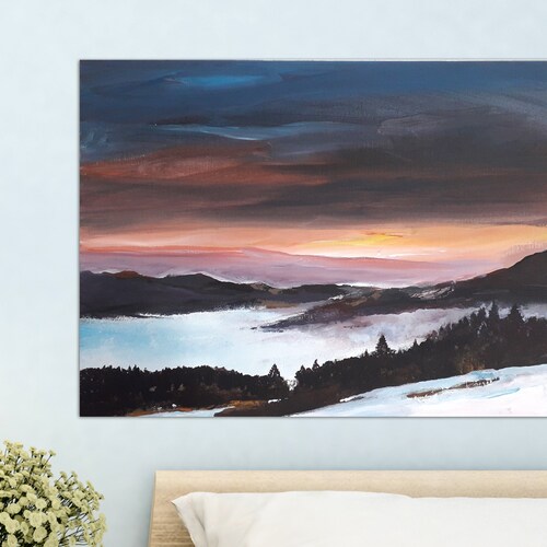 Painting of a snowy landscape. Sunrise over the Vosges. Winter landscape by Emmanuelle Priss shops