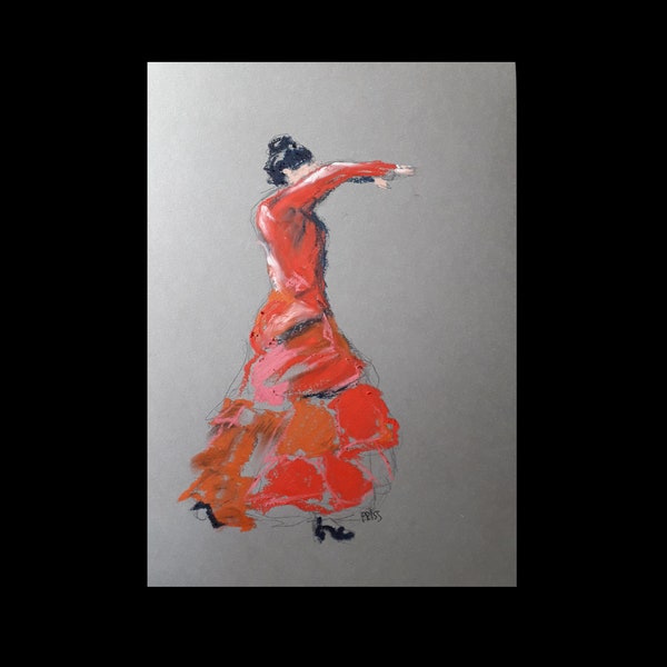 Danseuse de flamenco dessin et pastel à l'huile, dessin original. Emmanuelle Priss