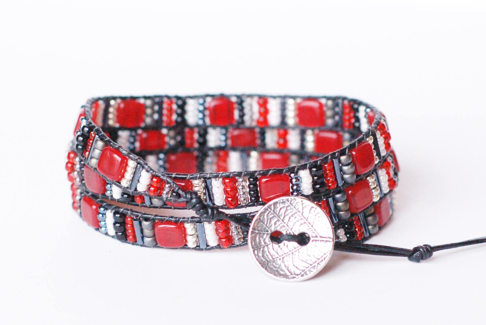Red and Black Bracelet Leather Triple Wrap Bracelet Beaded Etsy