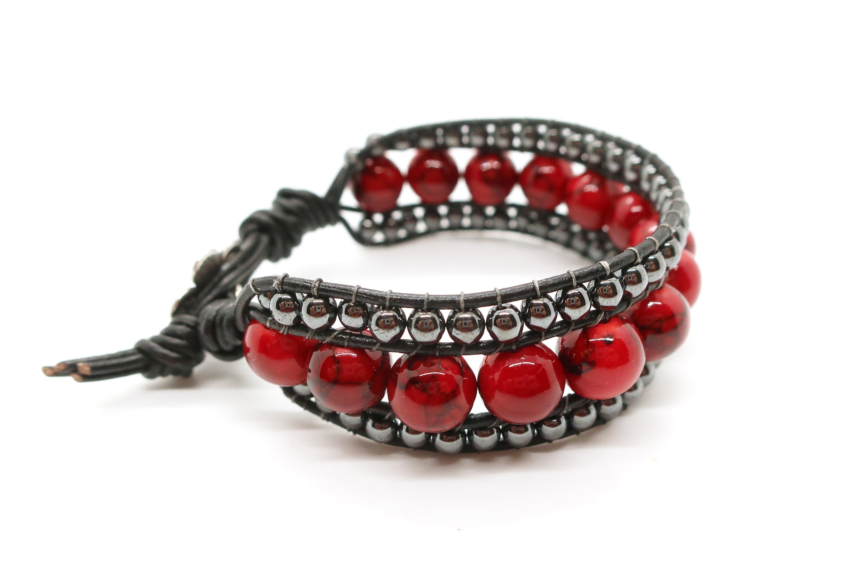 Beaded Cuff Bracelet Red Beads Black Leather Wrap Bracelet | Etsy
