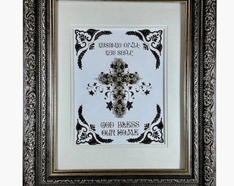 Handmade Armenian God Bless our Home (in Armenian and English) with large cross and crystals - Great & Unique Gift!