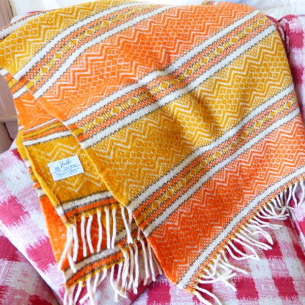 Vtg MCM Wool Fringed Throw Blanket Fairbo Mills Southwest Stripe Orange & Gold