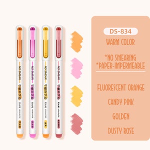 May include: Four highlighters with white barrels and colorful caps. The caps are fluorescent orange, candy pink, golden yellow, and dusty rose. The highlighters have the text "NO SMEAR - 不晕染字迹" and "HIGHLIGHTER" printed on the barrels.