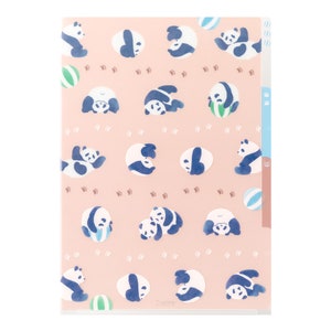 May include: A pink plastic file folder with a repeating pattern of black and white pandas playing with blue and green balls. The folder has three blue, green, and orange tabs.