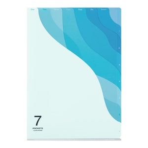 May include: A clear plastic folder with seven pockets. The pockets are labeled with numbers one through seven. The folder is designed with a blue and white wave pattern.