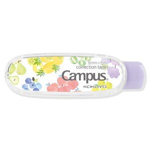May include: A clear plastic correction tape dispenser with a purple cap. The dispenser has a white background with a colorful fruit pattern and the text "5mm x 5m correction tape Campus KOKUYO" printed on it.