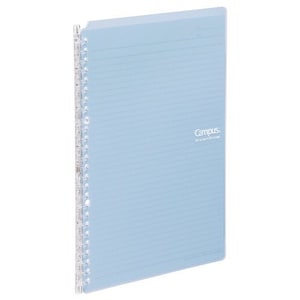 May include: A light blue, lined, spiral bound notebook with a clear plastic cover. The notebook has the word "Campus" printed on the front cover.