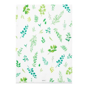 May include: A white background with a repeating pattern of green and blue watercolor leaves. The leaves are in various shapes and sizes, and they are arranged in a random pattern.