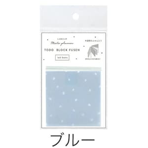 May include: A package of 100 blue sticky notes with a white polka dot pattern. The package is labeled "LABCLIP Meets planner TODO BLOCK FUSEN 100 Sheets".