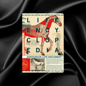 May include: A vintage illustration of a horse skeleton with red markings on a gridded background. The text "LIFE ENCYCLOPEDIA" is printed in red and black letters. The text "JIUKOUSHAN LIFE DOCUMENT" is printed in black letters at the bottom of the image.