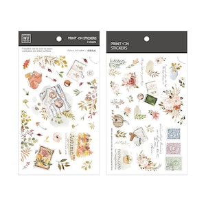 May include: Two sheets of print-on stickers featuring autumn-themed illustrations. The stickers include images of leaves, flowers, pumpkins, a postal card, and a book. The text "Autumn" is featured on one of the stickers.