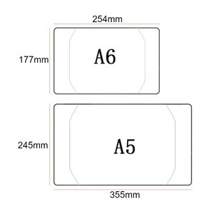 Puede incluir: Diagrama que muestra las dimensiones de dos tama&ntilde;os de papel: A5, que es de 245 mm por 355 mm, y A6, que es de 177 mm por 254 mm.