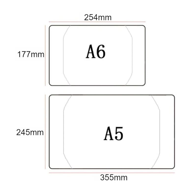 Puede incluir: Diagrama que muestra las dimensiones de dos tama&ntilde;os de papel: A5, que es de 245 mm por 355 mm, y A6, que es de 177 mm por 254 mm.