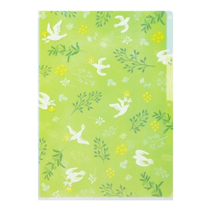 May include: A green plastic folder with a white dove and floral pattern. The folder has three tabs for organizing papers.