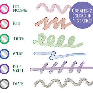 May include: Six colored markers with a white background. Each marker has a circle showing the color of the marker. The markers are labeled with the following colors: Hot Magenta, Red, Green, Azure, Blue Violet, and Black. The text "CREATES 2 COLORS IN 1 STROKE!" is in a purple circle in the upper right corner of the image.