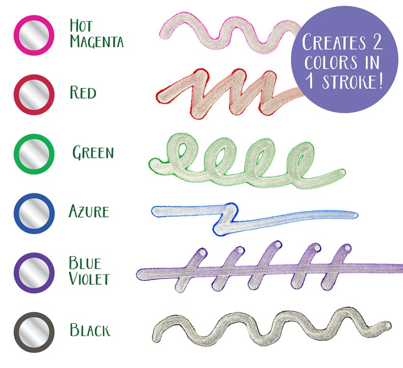 May include: Six colored markers with a white background. Each marker has a circle showing the color of the marker. The markers are labeled with the following colors: Hot Magenta, Red, Green, Azure, Blue Violet, and Black. The text "CREATES 2 COLORS IN 1 STROKE!" is in a purple circle in the upper right corner of the image.