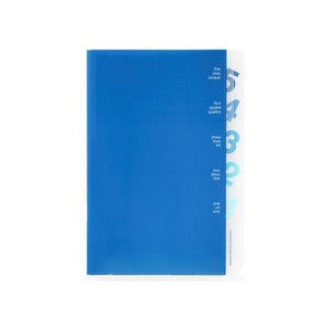 May include: A blue plastic folder with five clear pockets labeled with numbers one through five in English, French, Spanish, and Italian.