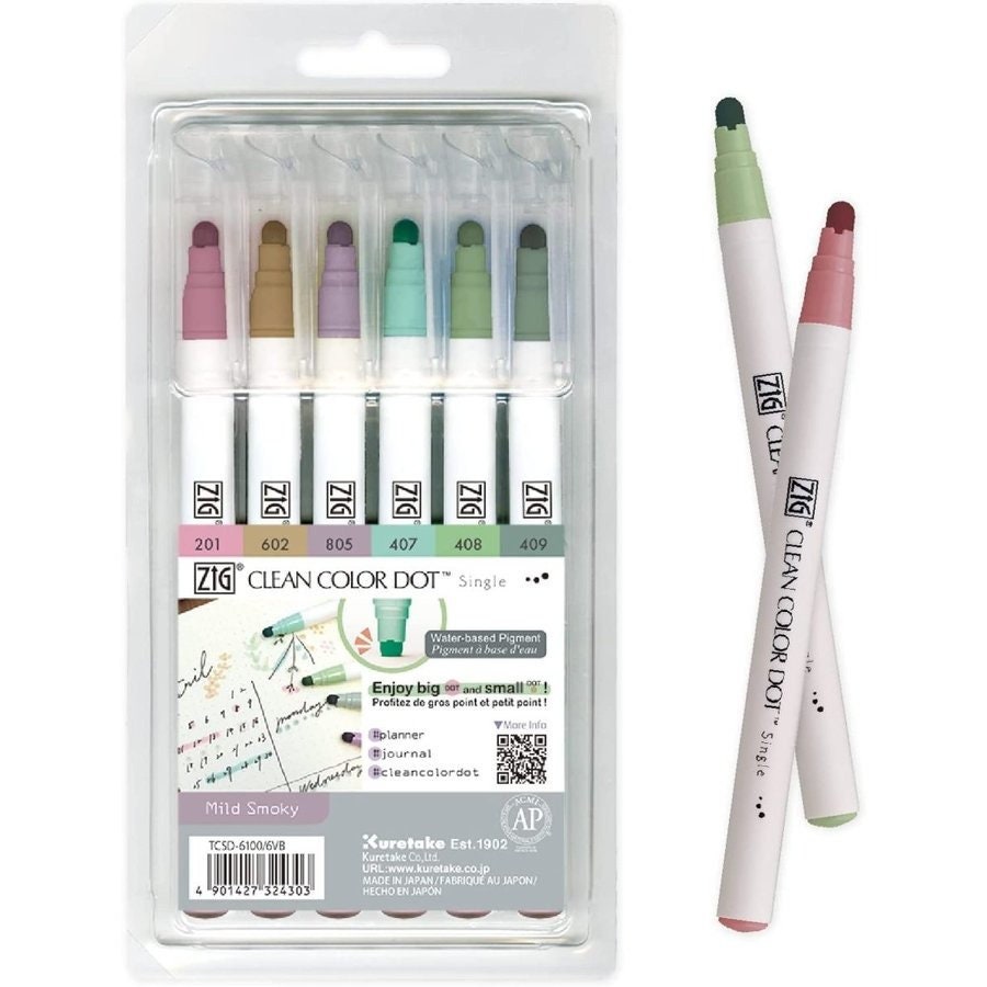 Kuretake MILD SMOKY Zig Clean Color Dot Set One Pen or 6 Piece Set  Single-tip Marker TCSD-6100/6VB -  Finland