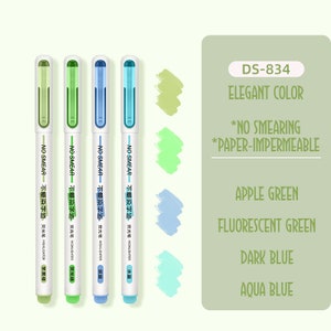 May include: Four highlighters with white barrels and colored caps. The colors are apple green, fluorescent green, dark blue, and aqua blue. The highlighters are labeled "NO SMEAR" and "不晕染字迹" in Chinese. The text "DS-834 ELEGANT COLOR *NO SMEARING *PAPER-IMPERMEABLE APPLE GREEN FLUORESCENT GREEN DARK BLUE AQUA BLUE" is visible on the right side of the image.