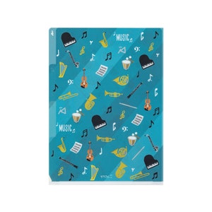 May include: A blue plastic folder with a repeating pattern of musical instruments, including a piano, trumpet, clarinet, violin, and harp. The text "MUSIC" appears twice on the folder.