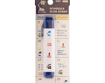Op de afbeelding: Een blauwe en witte stempel met planning-iconen, waaronder een lamp, een telefoon en een vinkje. De stempel is verpakt in een doorzichtige plastic hoes met een witte achtergrond en zwarte tekst. De tekst op de verpakking luidt "Schedule Icon Stamp" en "eric Design".