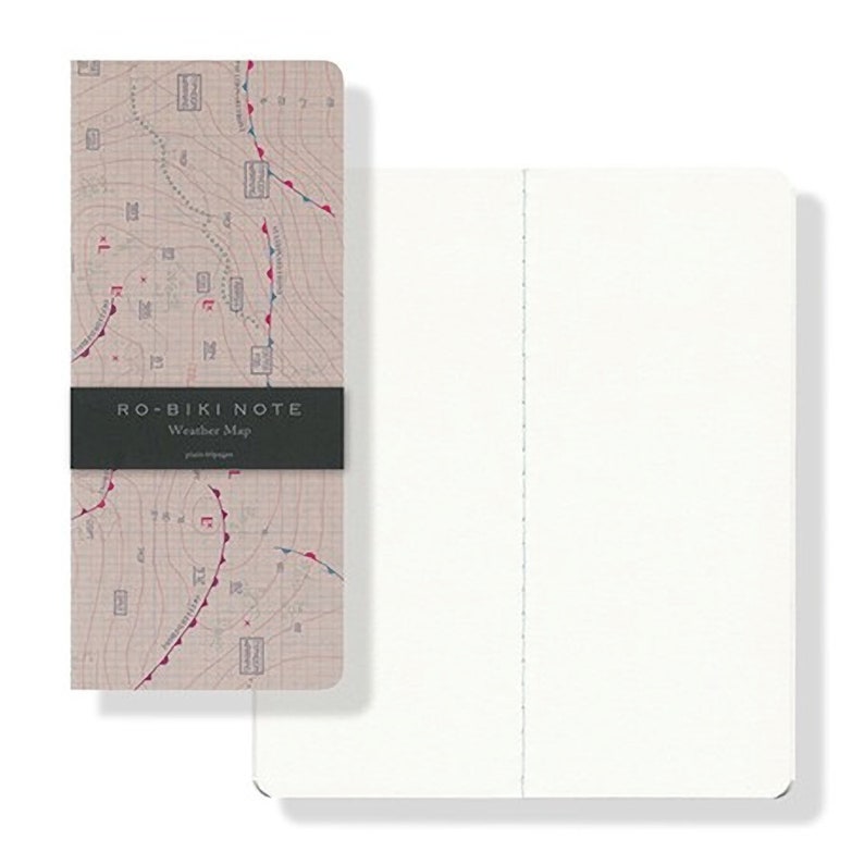 May include: A closed notebook with a weather map design on the front cover. The cover is beige with red and blue lines and markings. The text "RO-BIKI NOTE Weather Map" is printed on the front cover.