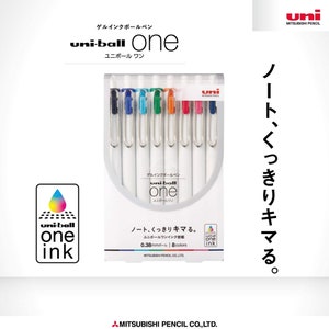 May include: A pack of eight uni-ball One gel ink pens in assorted colours. The pens are 0.38mm and feature a white barrel with a silver clip. The packaging is white with the uni-ball One logo and the text "Note, clearly mark." in Japanese.
