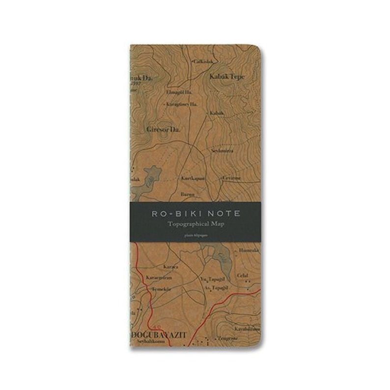 May include: A brown notebook with a topographical map design. The cover features the text "RO-BIKI NOTE" and "Topographical Map".