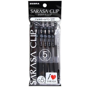 Zebra Sarasa CLIP BLACK 0.5mm Push Clip Gel Pen Super Saturated Ink FIVE Pack | JJS15