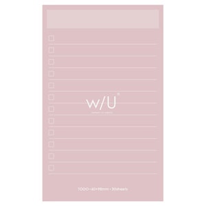 May include: A pink to-do list notepad with 30 sheets. The notepad has a white border and a white logo that says "W/U watashi no subari". The text "TODO 60x98mm 30sheets" is at the bottom of the notepad.