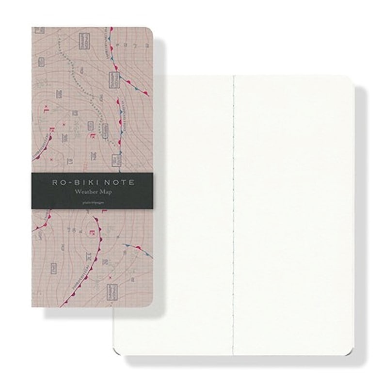 May include: A closed notebook with a weather map design on the front cover. The cover is beige with red and blue lines and markings. The text "RO-BIKI NOTE Weather Map" is printed on the front cover.