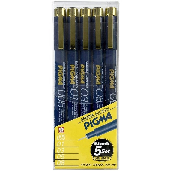 Sakura Pigma Micron Drawing Pen Set, Black fineliner Manga Pen (003, 005,  01, 03, 05, 08 tip) Drawing Set - Include Index Tape 