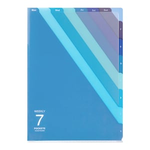 May include: A blue, clear plastic folder with seven pockets for organizing papers. The pockets are labeled with the days of the week: Monday, Tuesday, Wednesday, Thursday, Friday, Saturday, and Sunday. The folder has the text "WEEKLY 7 POCKETS CLEAR FOLDER" printed on the front.