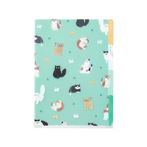 May include: A clear plastic folder with a green background and a repeating pattern of cats. The folder has four tabs on the right side.