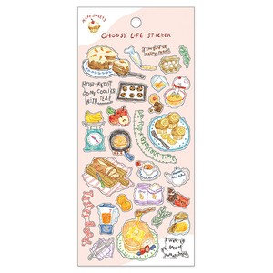 Puede incluir: Una hoja de pegatinas coloridas con ilustraciones de repostería y dulces. Las pegatinas incluyen imágenes de pasteles, galletas, tazas de té y otros suministros para hornear. El texto en las pegatinas incluye frases como "¿Qué te parece unas galletas con té?" y "¡Pasamos un rato glorioso!".