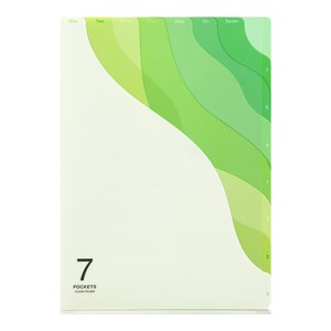 May include: A clear plastic folder with seven pockets. The pockets are labeled with numbers one through seven. The folder has a green and yellow design with a wavy pattern.