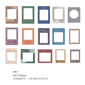 Könnte beinhalten: Set mit 15 dekorativen Foto-Rahmenaufklebern in verschiedenen Farben und Designs. Jeder Aufkleber misst 80 mm x 135 mm. Die Aufkleber zeigen verschiedene Designs, darunter ein Kleeblatt, ein Kreis mit dem Buchstaben M, ein Stempel mit dem Text "Naturalism", ein Stempel mit dem Text "Albert Einstein", ein Stempel mit dem Text "Always yourself", ein Stempel mit dem Text "Believe in yourself", ein Stempel mit dem Text "Strong Life", ein Stempel mit dem Text "Autumn Engagement", ein Stempel mit dem Text "5" und ein Stempel mit dem Text "100".