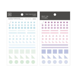 May include: Two sheets of printable stickers with various shapes and sizes. The stickers are in shades of blue, green, pink, and purple. The text on the sticker sheet reads "Print-on Stickers" and "プリント ステッカー".