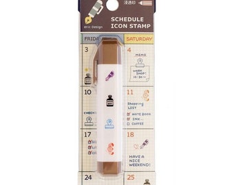 Op de afbeelding: Een bruine en witte set stempels met planning-iconen met verschillende iconen, waaronder een koffiekopje, een boodschappenlijstje, een memo, een pen en een hart. De stempelset is verpakt in een doorzichtige plastic hoes met een bruin en wit label waarop "SCHEDULE ICON STAMP" staat.
