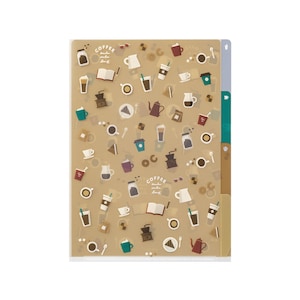 May include: A clear plastic folder with multiple tabs and a brown background pattern. The pattern features various coffee-themed illustrations, including cups, beans, and a coffee grinder. The text "Coffee" is repeated throughout the pattern.