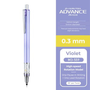 Mitsubishi LAVENDER M3-559 Uni Kuru Toga Kurutoga Advance 0.3mm Lead Mechanical Pencil Stay Sharp Refillable- Always Sharp - Auto-Rotates!