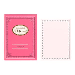 May include: A pink notepad with a gold border and the text "Macaron Color Sticky Notes" and "20 sheets". The notepad is next to a blank sticky note with a dotted border.