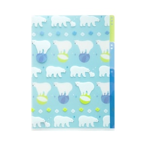 May include: A blue plastic folder with a repeating pattern of white polar bears and blue and green balls. The folder has five blue tabs on the right side.