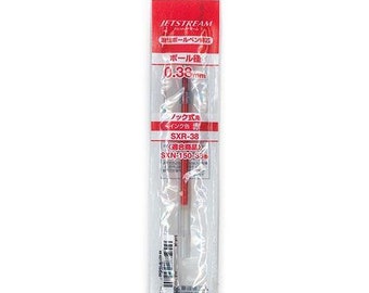 May include: Red ink refill for a Jetstream pen. The refill is 0.38 mm in diameter and is compatible with the SXN-150-33 pen. The packaging is red and white and features the Mitsubishi Pencil logo.