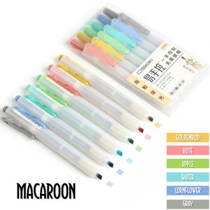 May include: Set of eight clear highlighter pens with colored tips. The colors are goldenrod, rose, apple, water, cornflower, and gray. The pens are labeled with the text "按動蛍光" which translates to "Press Fluorescent".